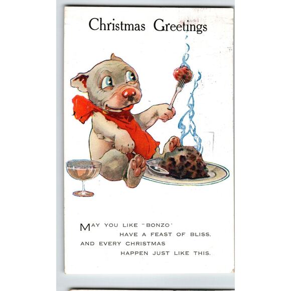 Bonzo Puppy Dog Eats Meatball Christmas Postcard Fantasy AR & Co Anthropomorphic - Picture 1 of 2